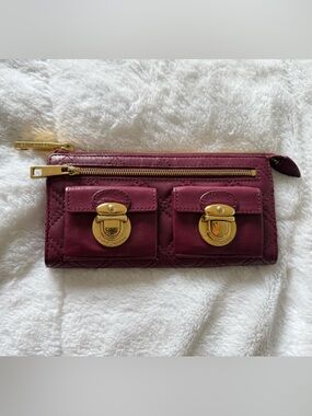 Marc Jacobs Quilted Burgundy Leather Wallet with Gold Hardware